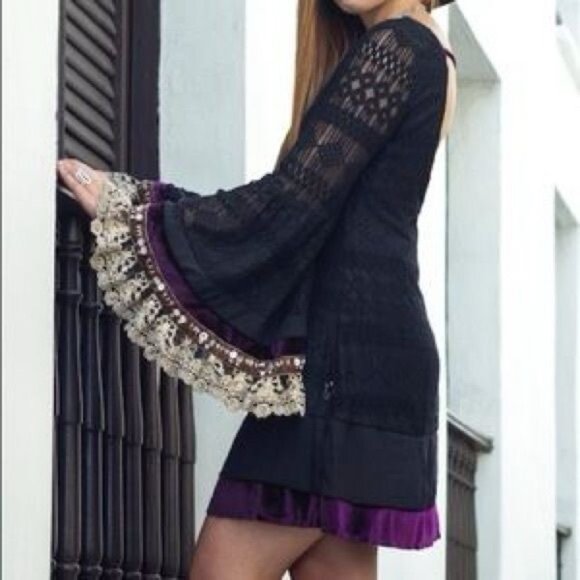 RARE Free People Black Lace Velvet Silk Bell Sleeve Whimsigoth Mini Dress Tunic - Picture 6 of 16